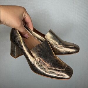 Intentionally Blank Gold Lizard Embossed Leather Square Toe Block Heel Loafers‎